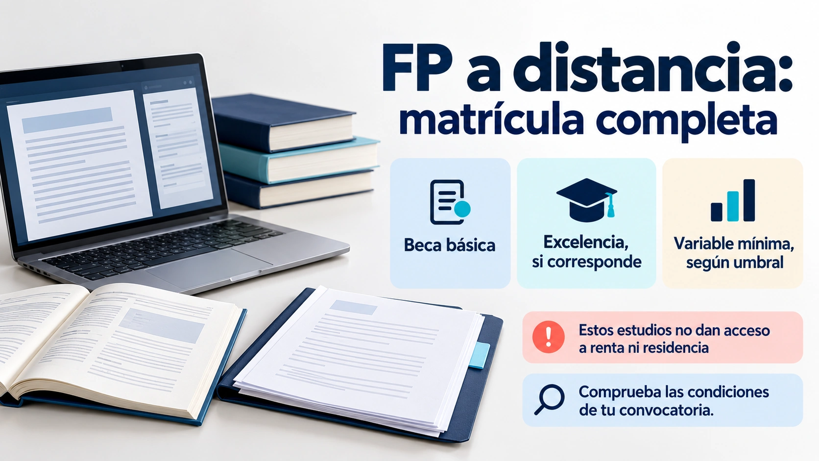 La FP a distancia con matrícula completa puede tener beca básica, excelencia y variable mínima según las condiciones, sin cuantías de renta ni residencia.