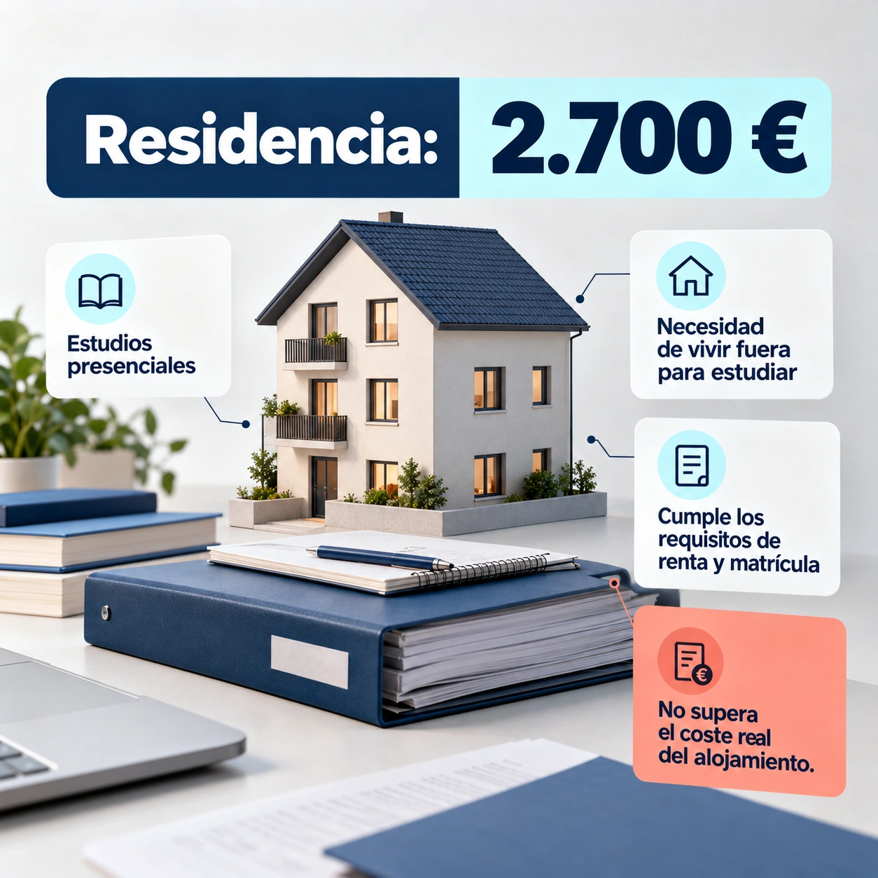 La cuantía de residencia exige estudios presenciales y acreditar la necesidad de vivir fuera, además de los demás requisitos.