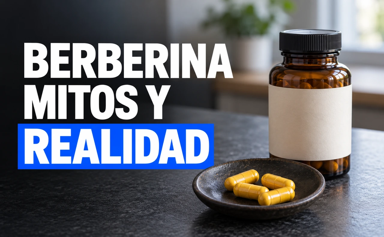 Frasco ámbar y cuenco con cápsulas amarillas sobre una mesa, junto al titular «Berberina: mitos y realidad».