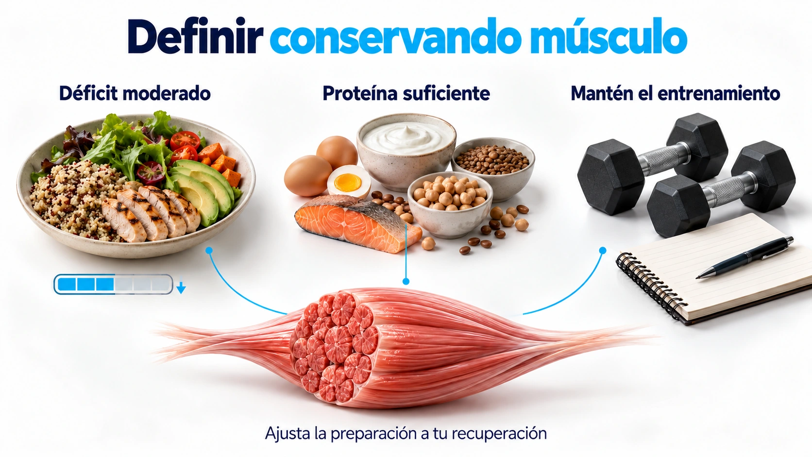 Déficit moderado, proteína suficiente y entrenamiento para conservar músculo durante la definición