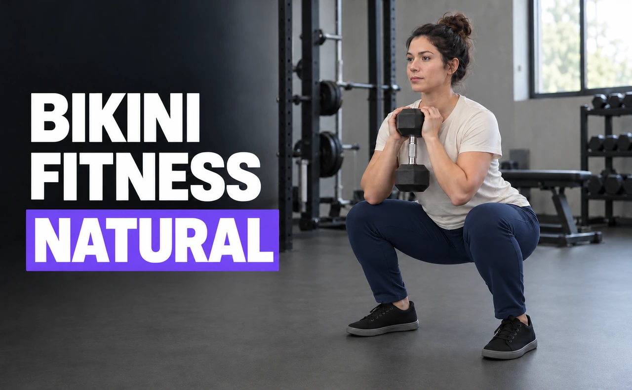 Deportista joven realizando una sentadilla goblet con una mancuerna, junto al titular «Bikini fitness natural».