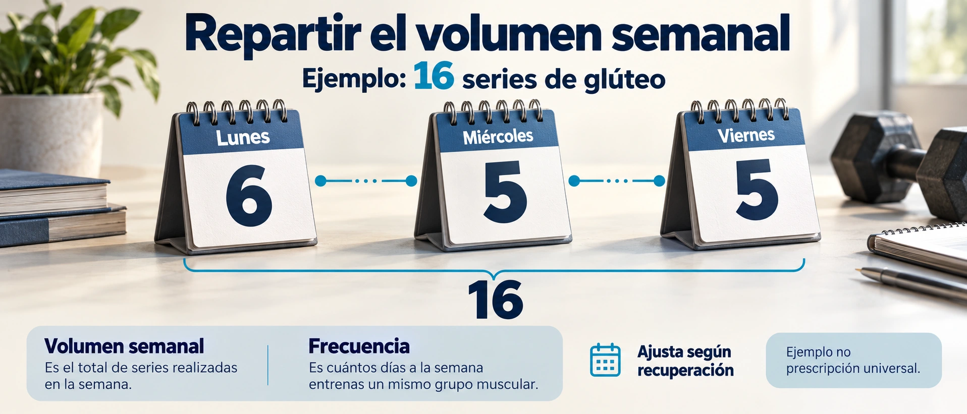 Distribuir 16 series de glúteo en tres sesiones es un ejemplo de organización semanal