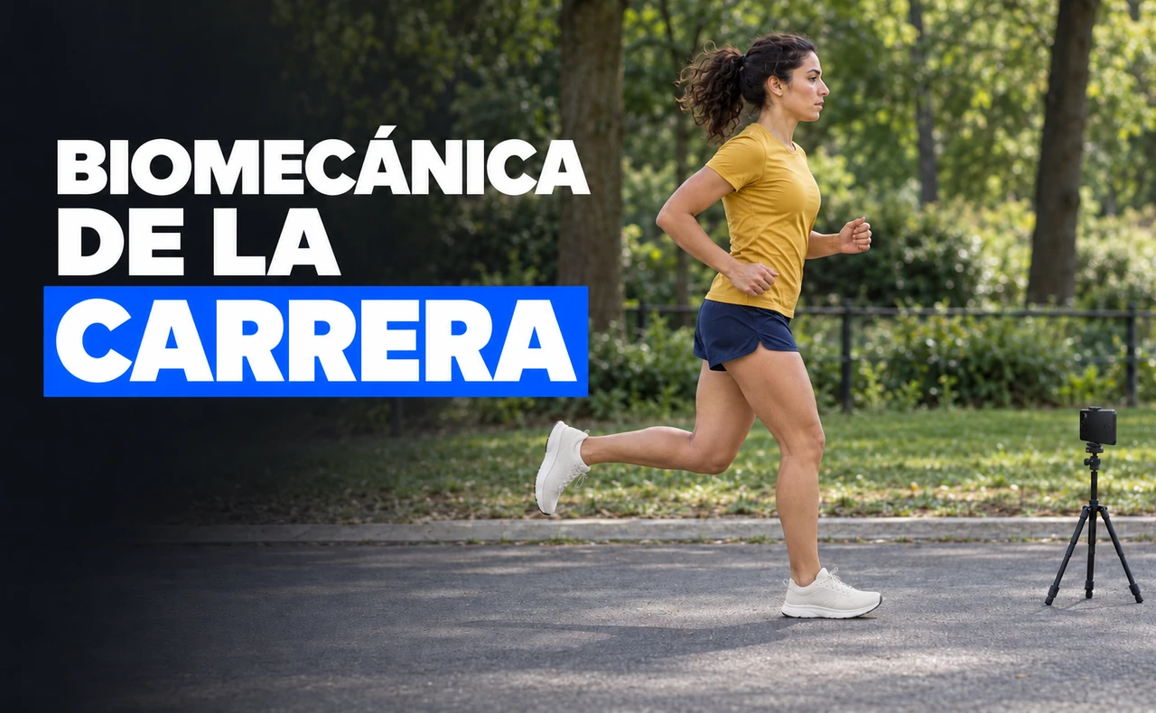 Corredora joven vista de perfil en un camino de parque junto a un móvil sobre trípode, con el titular «Biomecánica de la carrera».
