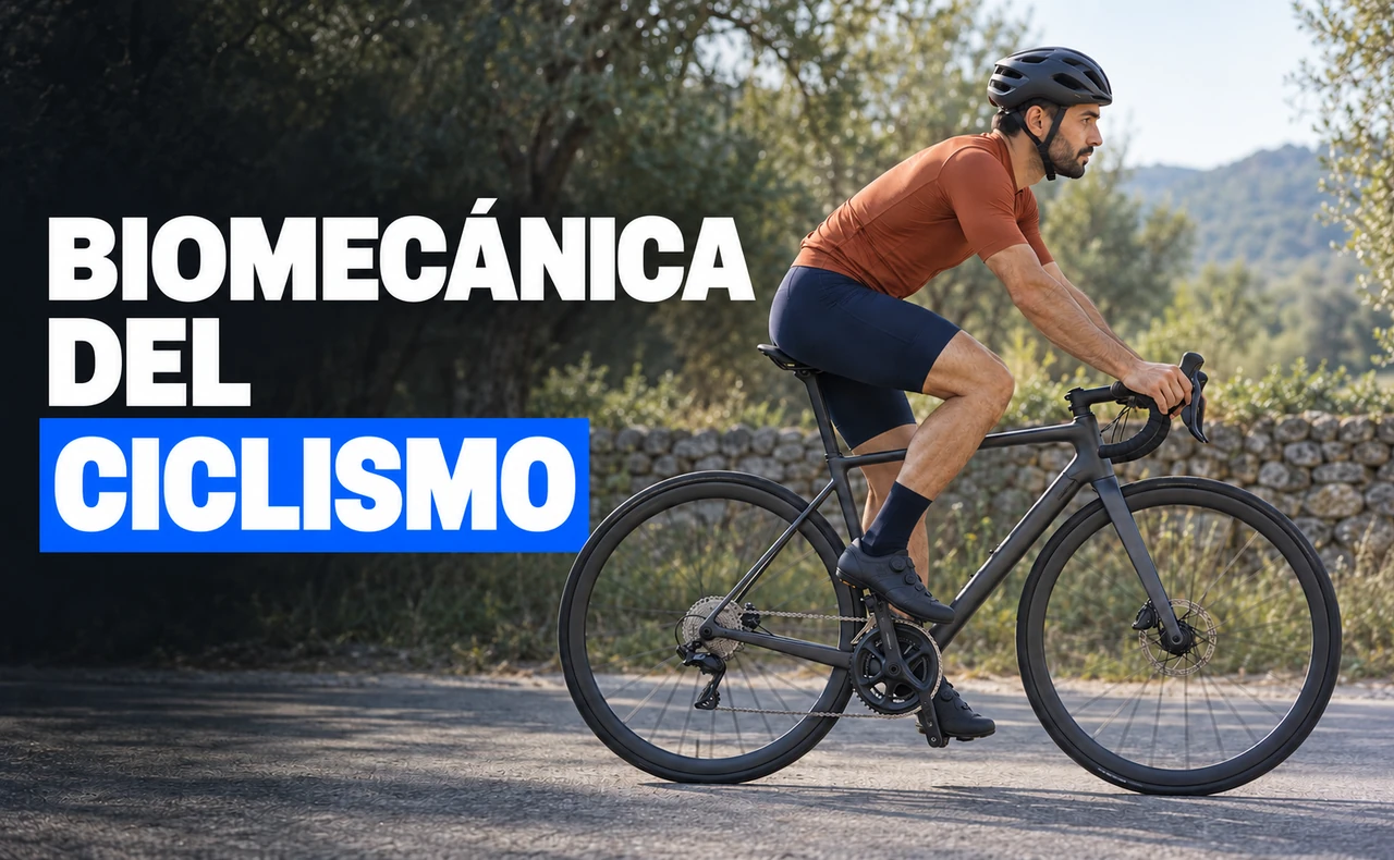 Ciclista joven con maillot naranja visto de perfil sobre una bicicleta de carretera, con el titular «Biomecánica del ciclismo».