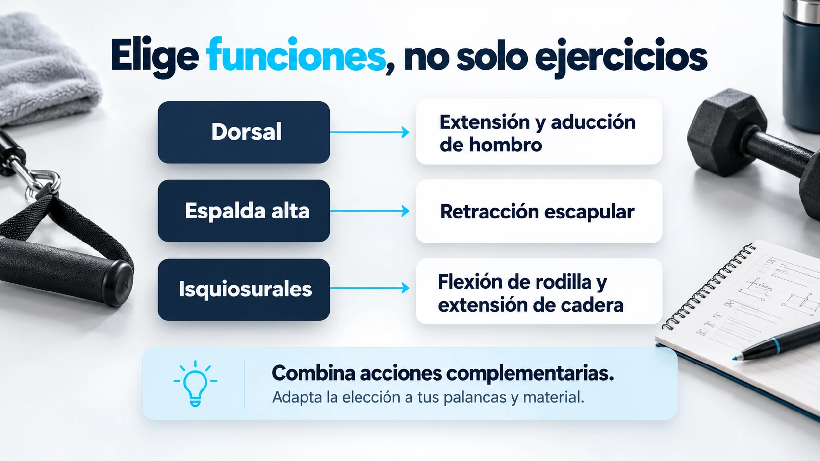 Combinar funciones musculares complementarias en lugar de repetir tres ejercicios equivalentes.