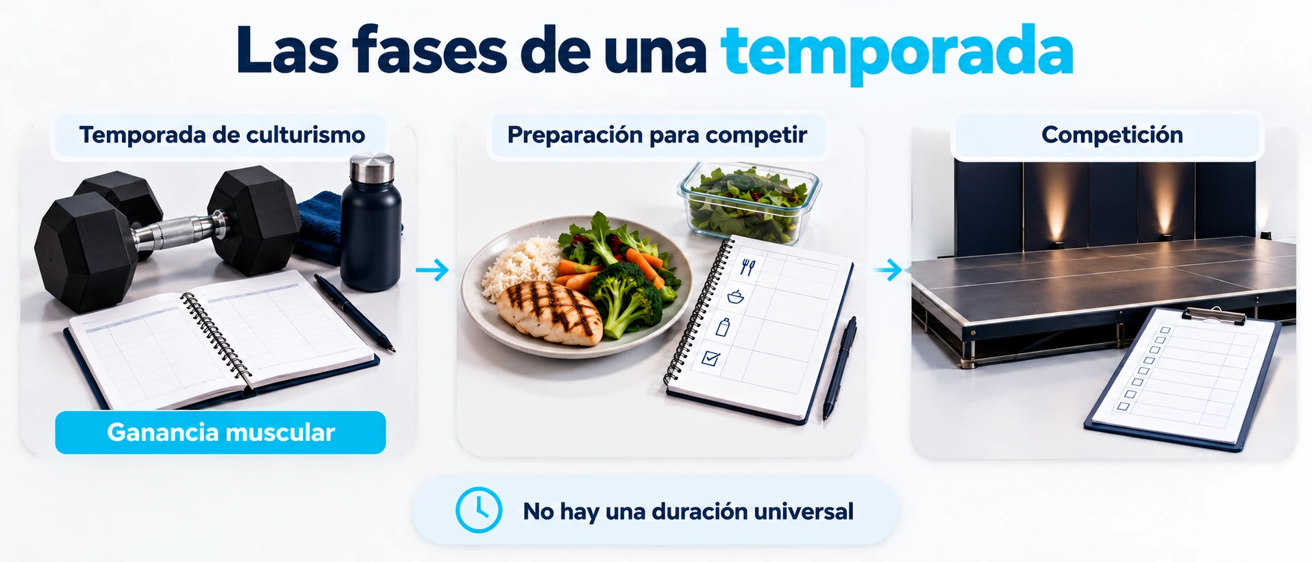 Fases de ganancia muscular, preparación y competición en una temporada de culturismo