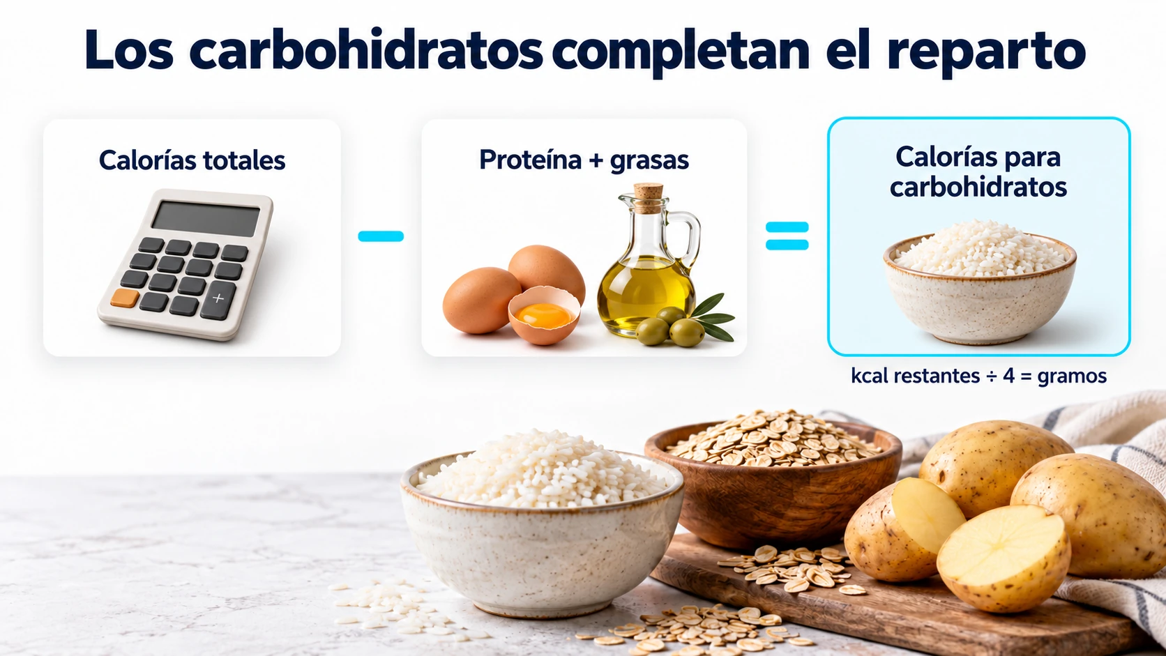 Los carbohidratos ocupan las calorías restantes tras fijar proteína y grasas.