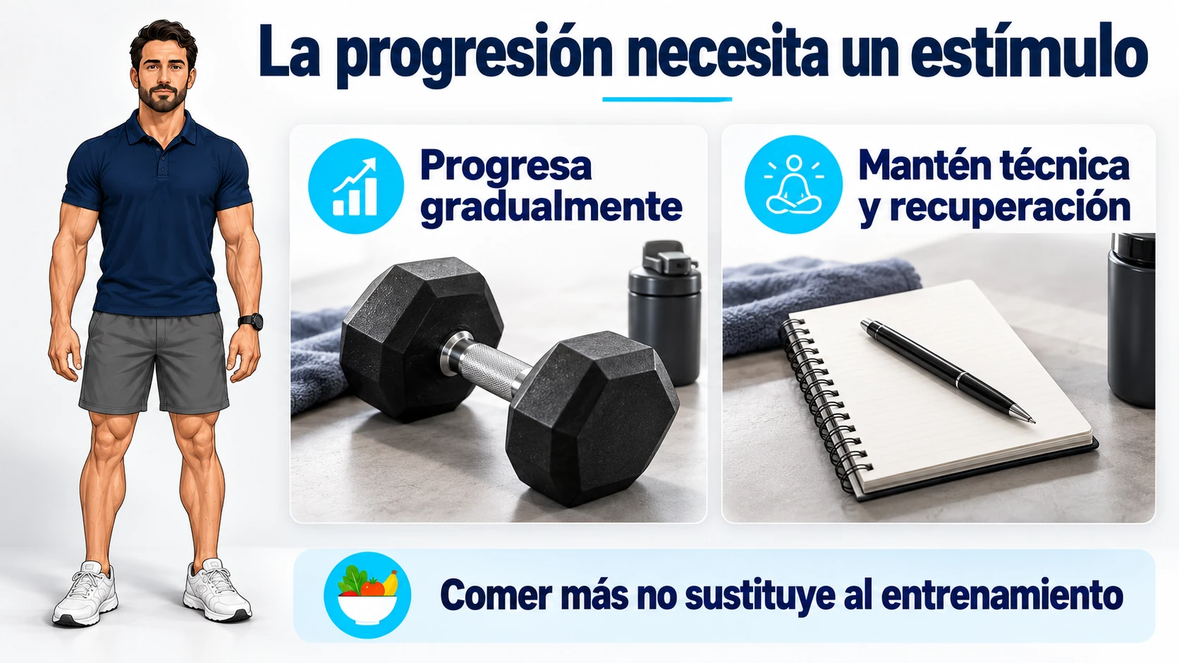 El entrenamiento de fuerza debe progresar con técnica y recuperación, además de una ingesta suficiente.
