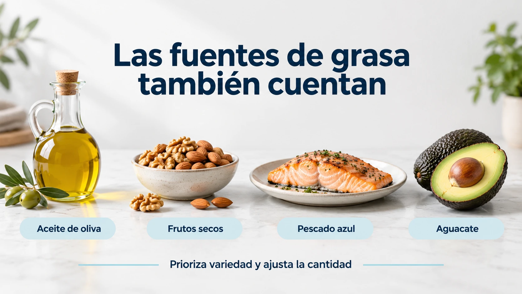 Aceite de oliva, frutos secos, pescado azul y aguacate son fuentes de grasa a priorizar.