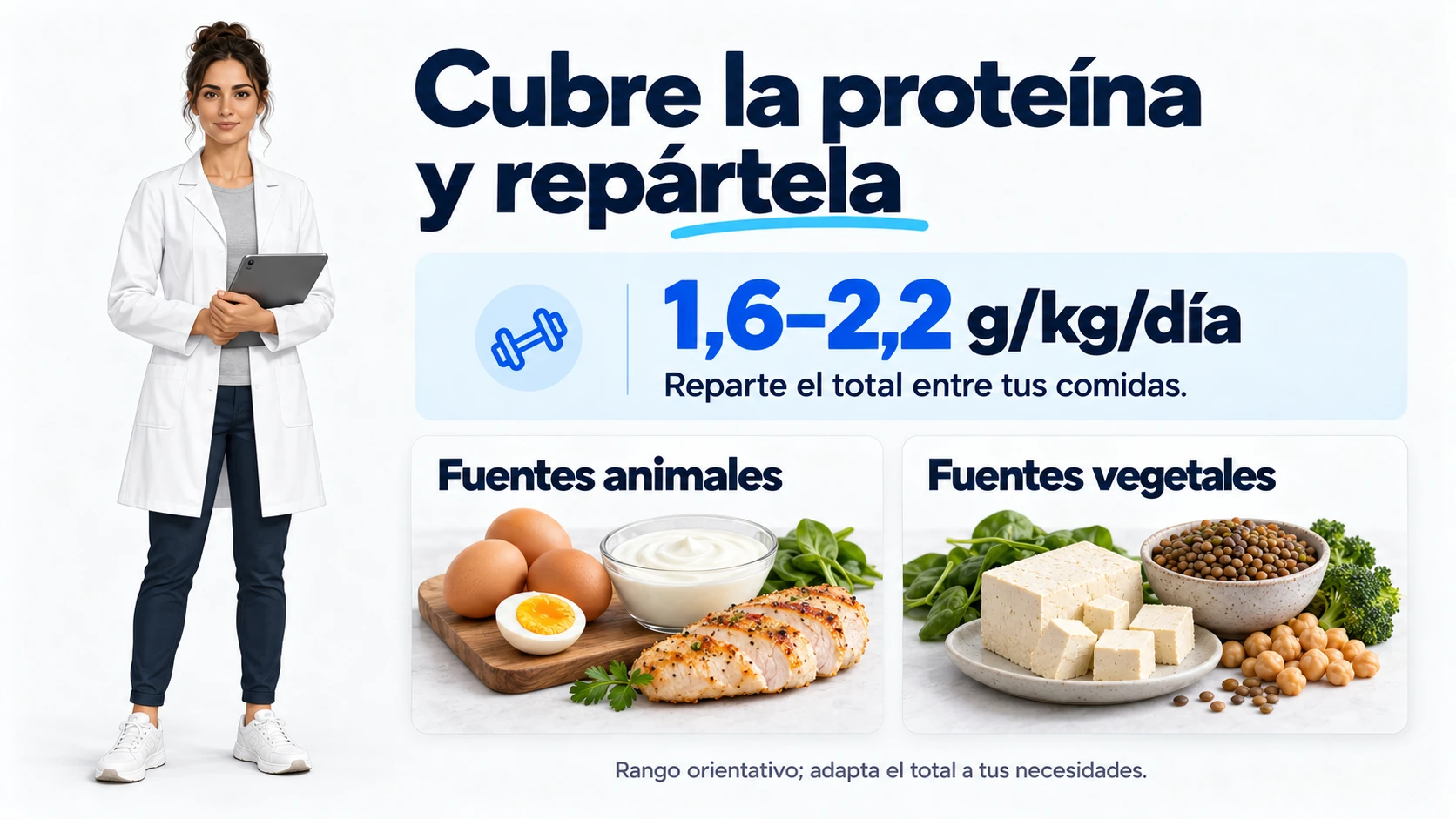El rango diario de proteína se reparte entre las comidas del día.