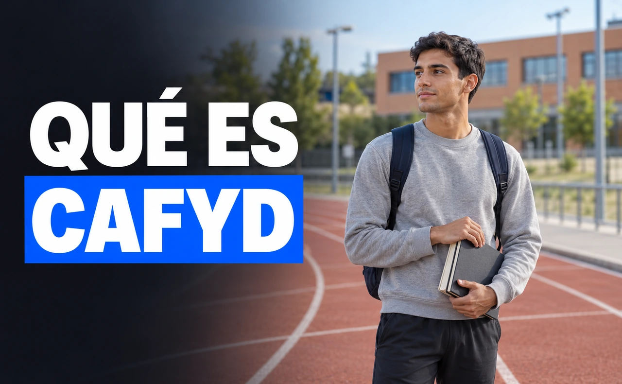 Joven con mochila y cuadernos junto a una pista de atletismo y un edificio educativo. Titular: «Qué es CAFYD».