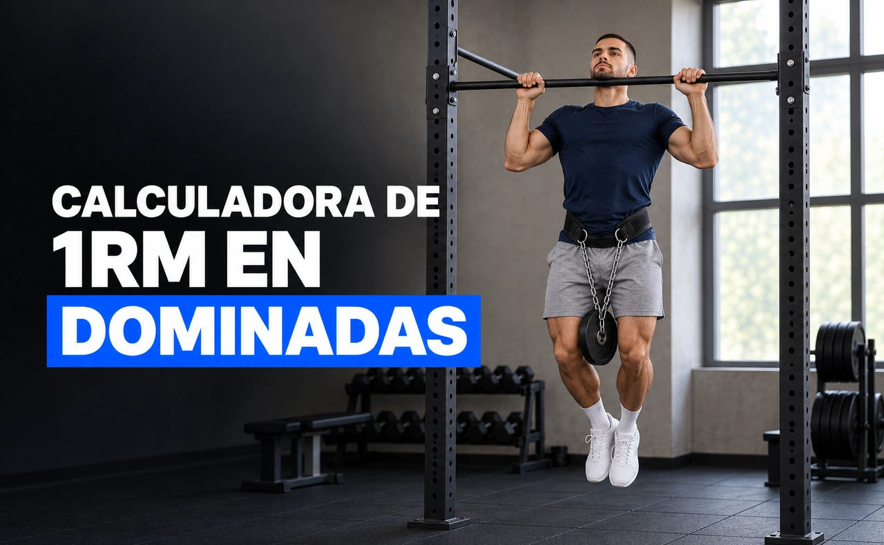Deportista realizando una dominada con un disco suspendido de un cinturón de lastre. Titular: «Calculadora de 1RM en dominadas».