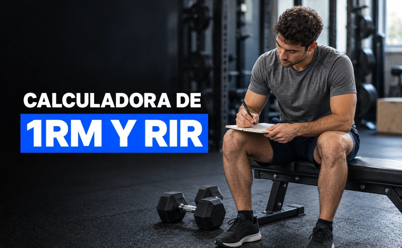 Deportista sentado en un banco de gimnasio anotando una serie en su cuaderno junto a unas mancuernas. Titular: «Calculadora de 1RM y RIR».