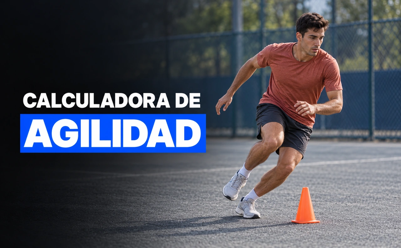 Deportista cambiando de dirección junto a un cono en una pista exterior. Titular: «Calculadora de agilidad».