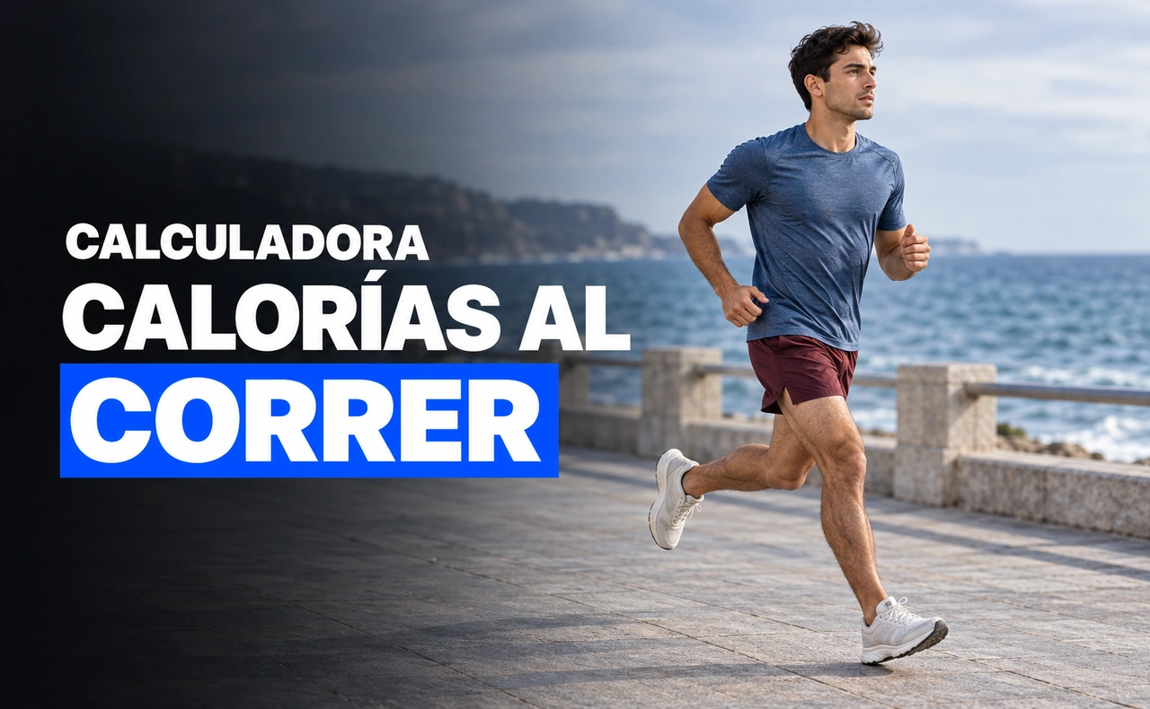 Hombre corriendo por un paseo junto al mar. Titular: «Calculadora calorías al correr».