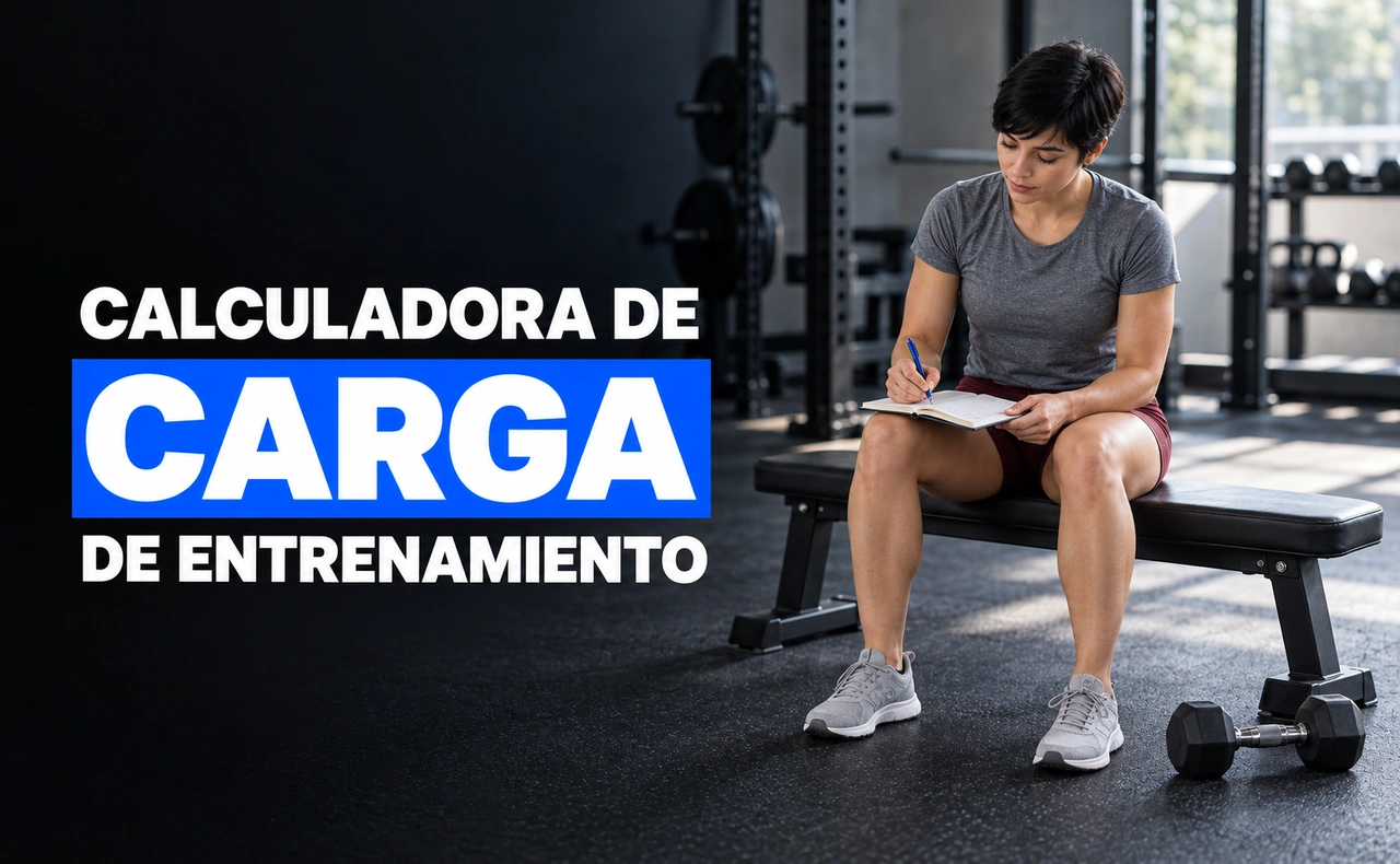 Deportista sentada en un banco anotando su sesión en un cuaderno, con una mancuerna junto a sus pies. Titular: «Calculadora de carga de entrenamiento».