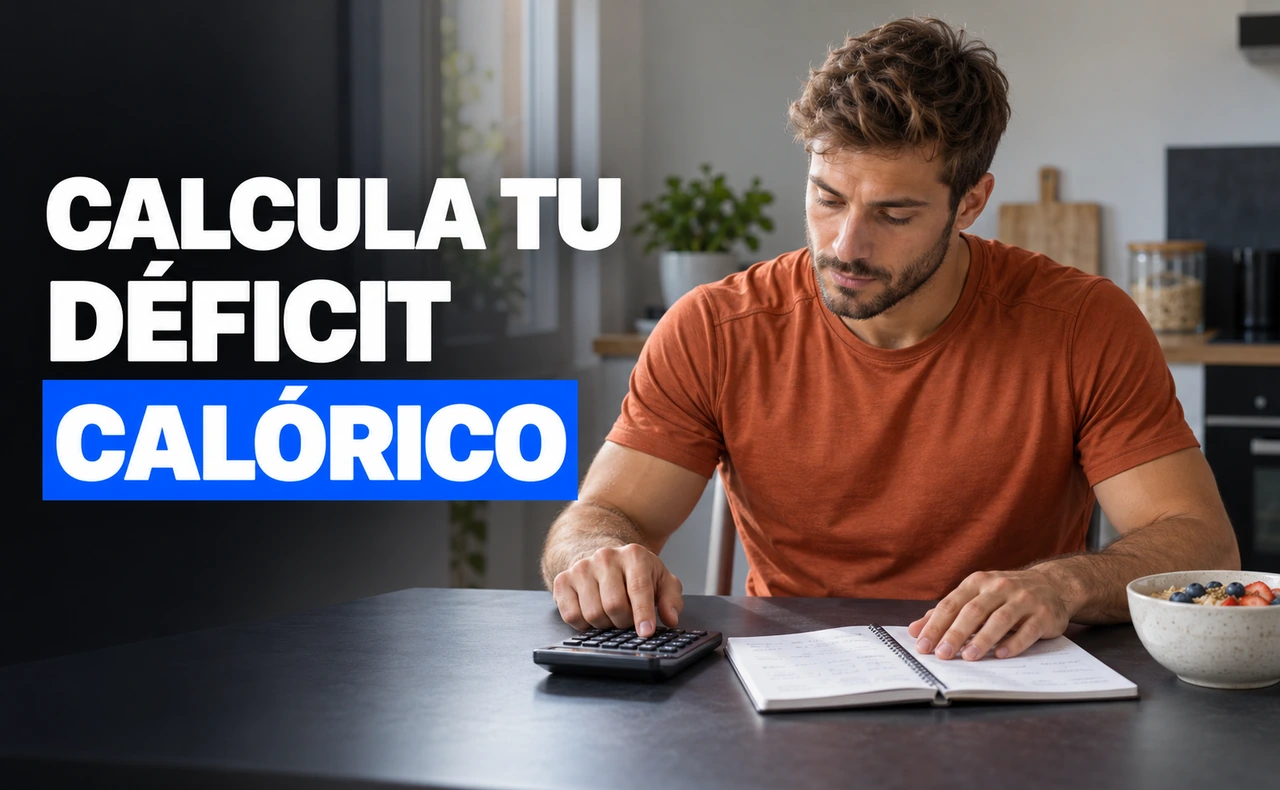 Deportista joven utilizando una calculadora junto a un cuaderno y un bol de avena con fruta, con el titular «Calcula tu déficit calórico».