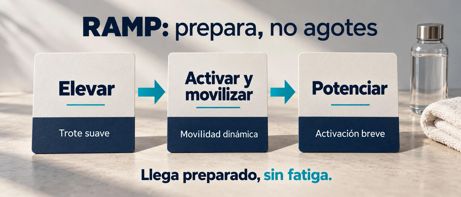 Secuencia RAMP para calentar: trote suave, activación y movilidad dinámica, y una breve fase de potenciación sin fatiga.