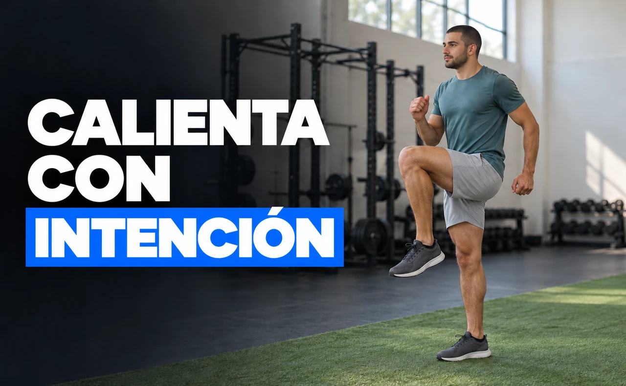 Deportista joven elevando una rodilla durante una marcha de calentamiento en un gimnasio, con el titular «Calienta con intención».