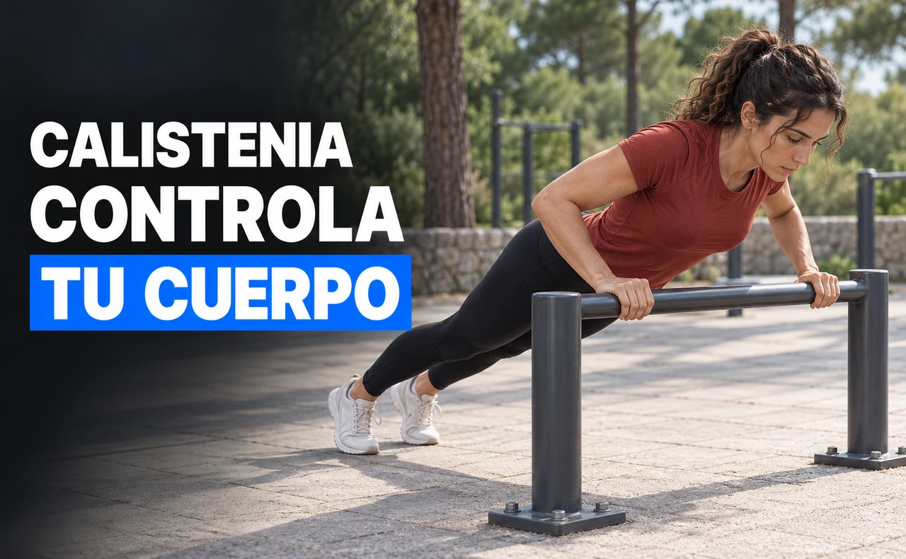 Deportista joven realizando una flexión inclinada con las manos apoyadas en una barra baja al aire libre, con el titular «Calistenia: controla tu cuerpo».