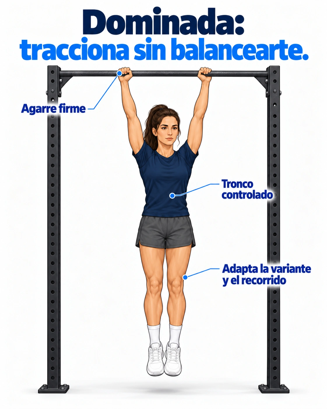 La dominada combina la tracción de brazos y espalda con el control del tronco, sin balancear el cuerpo para alcanzar la barra.
