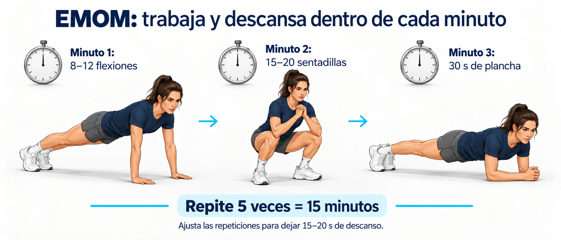 Ejemplo de EMOM de 15 minutos: flexiones, sentadillas y plancha, repitiendo cinco veces un bloque de tres minutos.