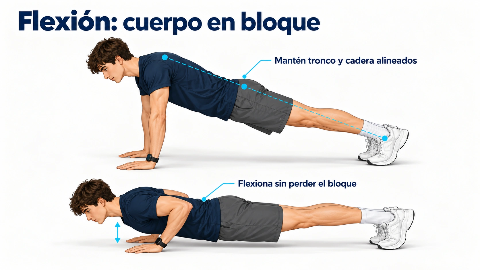 Técnica de flexión en dos fases, manteniendo el tronco y la cadera alineados.