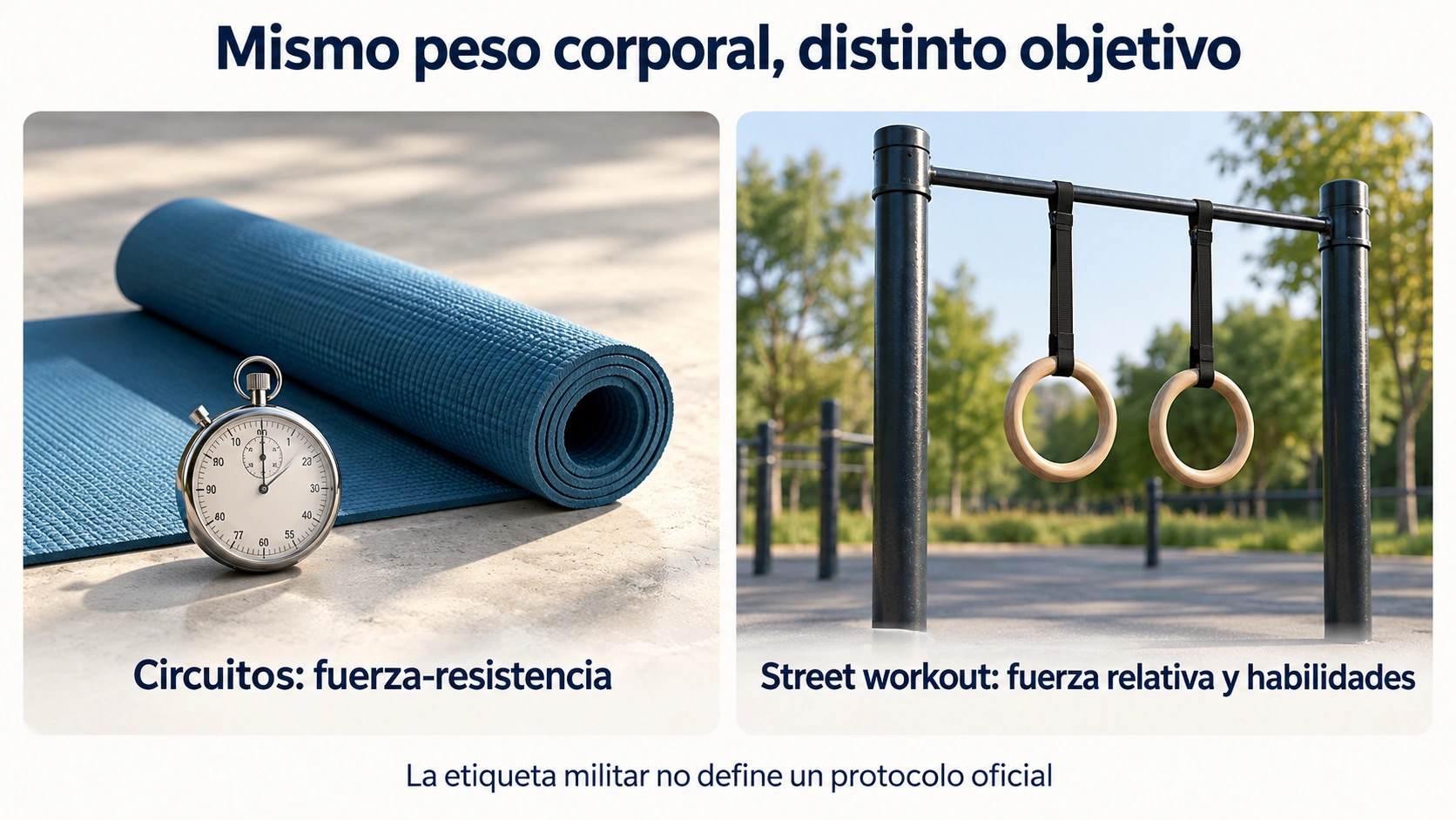 Diferencias de objetivo entre circuitos de calistenia orientados a fuerza-resistencia y street workout orientado a fuerza relativa y habilidades.