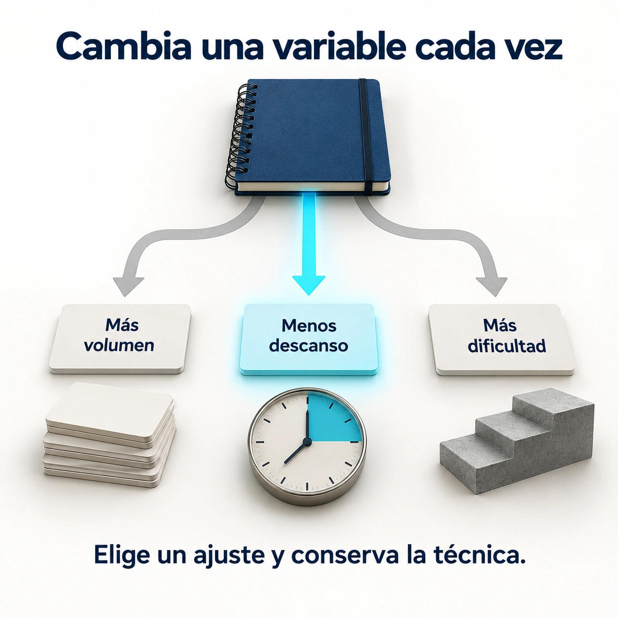 Tres opciones para progresar en calistenia: aumentar volumen, reducir descanso o aumentar dificultad, cambiando una variable cada vez.