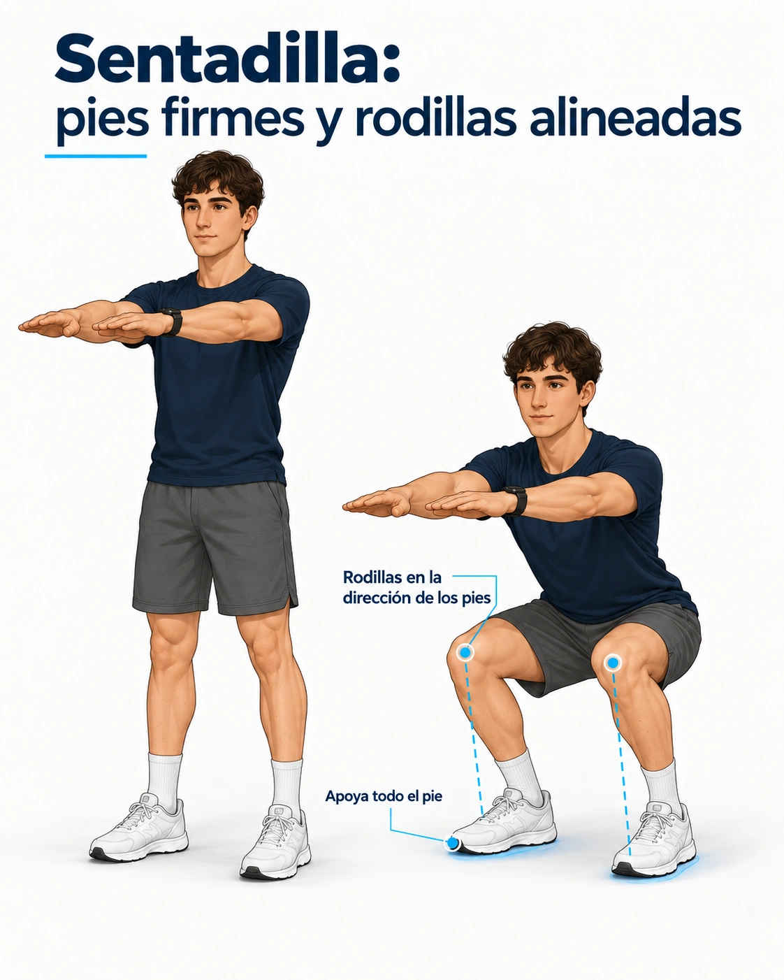 Sentadilla con el peso corporal, apoyo completo de los pies y rodillas orientadas en la dirección de los pies.
