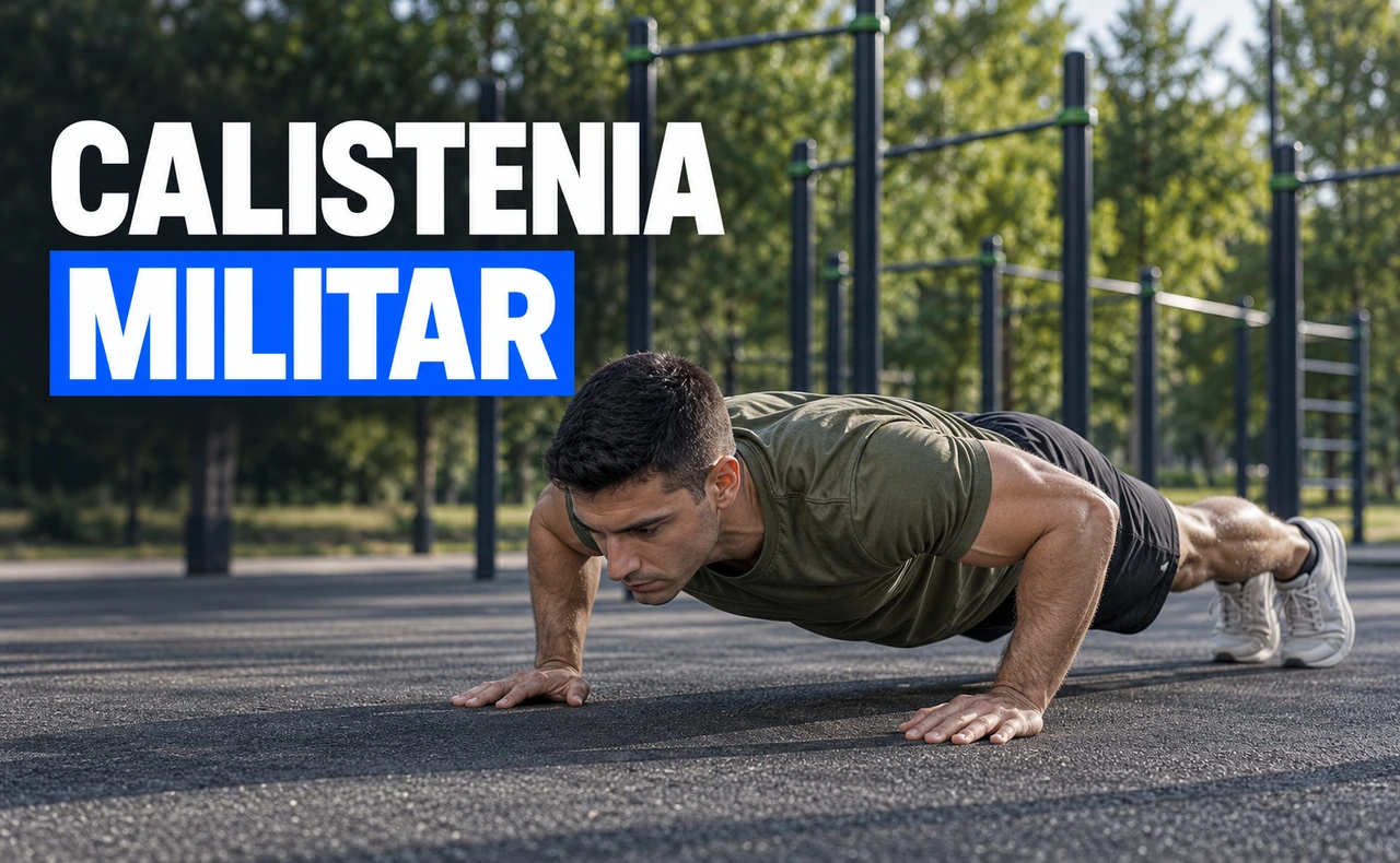 Hombre realizando una flexión en una zona de entrenamiento al aire libre. Titular: «Calistenia militar».
