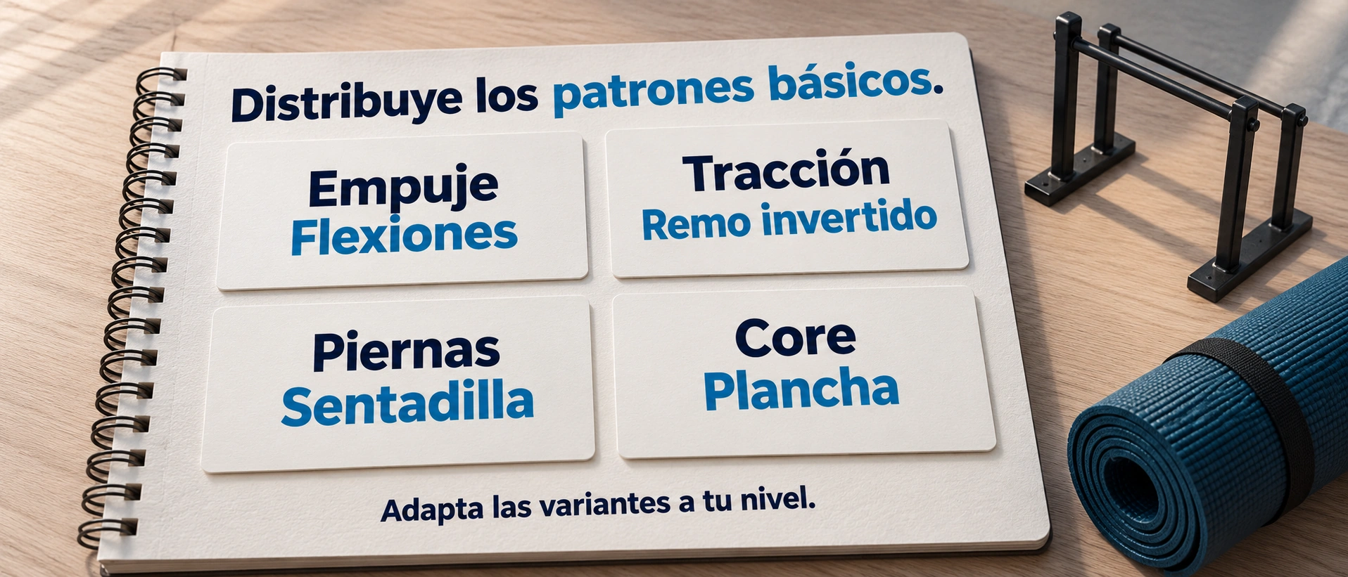 Una rutina de iniciación puede distribuir empujes, tracciones, piernas y estabilización del core en función del nivel.