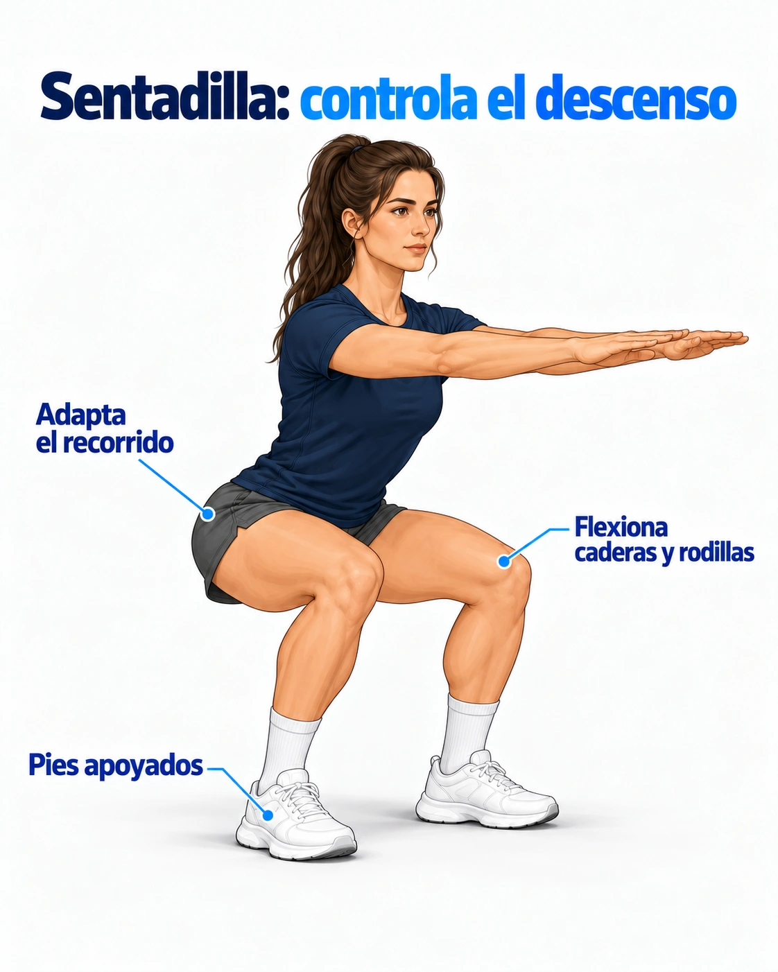 La sentadilla con el propio peso permite practicar la flexión de caderas y rodillas manteniendo los pies apoyados.