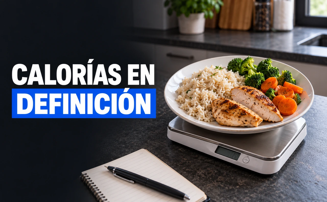 Plato de arroz, pollo y verduras sobre una báscula de cocina, junto al titular «Calorías en definición».