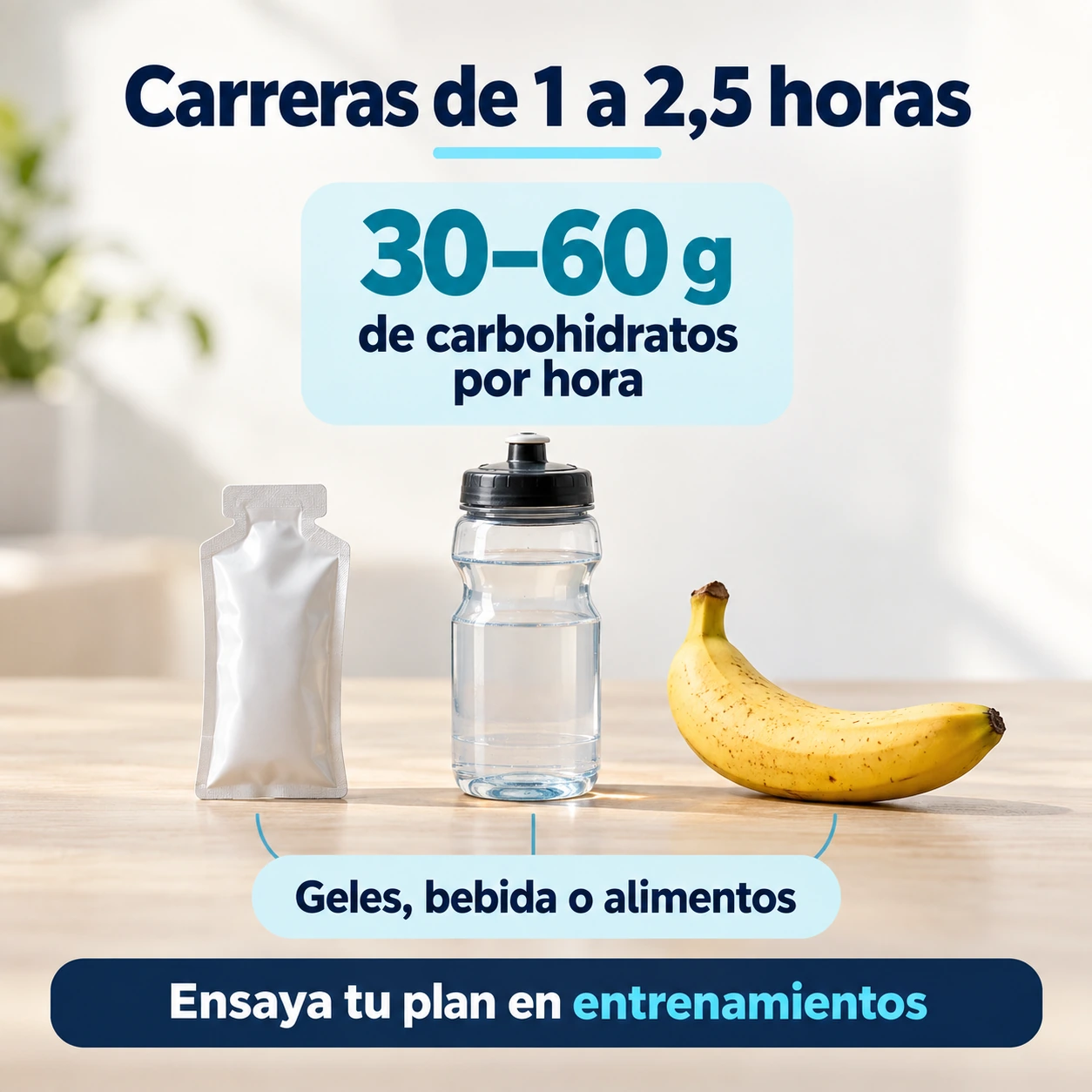 Orientación de 30–60 gramos de carbohidratos por hora en carreras de una a dos horas y media, con opciones previamente ensayadas.