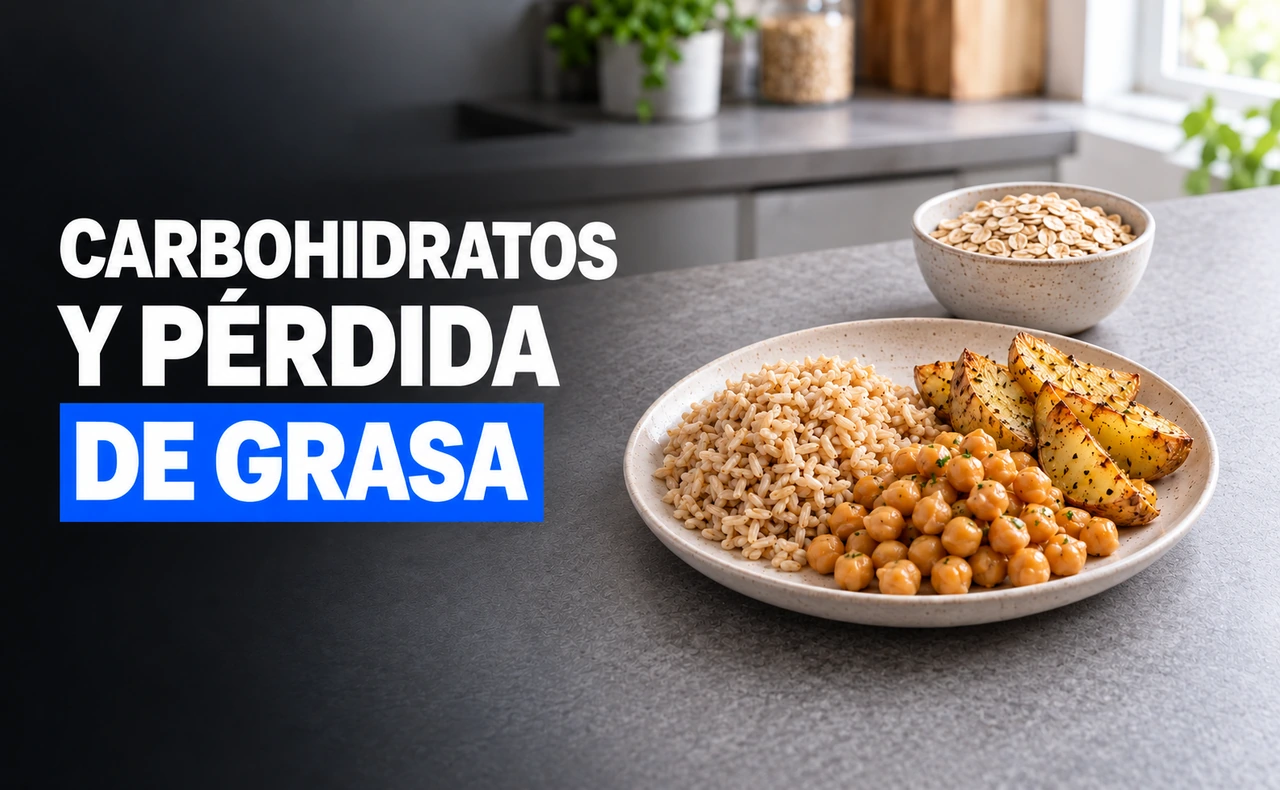 Plato de arroz integral, garbanzos y patatas junto a un cuenco de avena en una cocina, con el titular «Carbohidratos y pérdida de grasa».