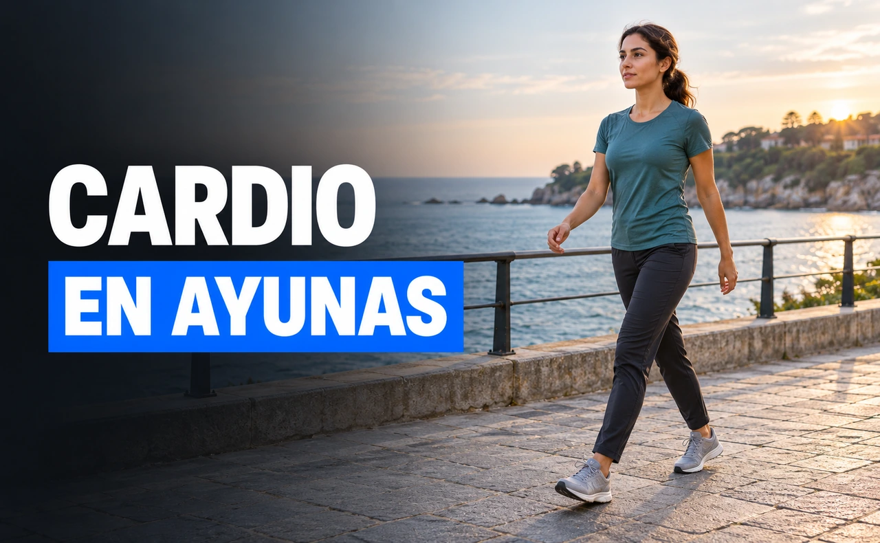 Mujer joven y atlética caminando a paso activo por un paseo junto al mar al amanecer, con el titular «Cardio en ayunas».