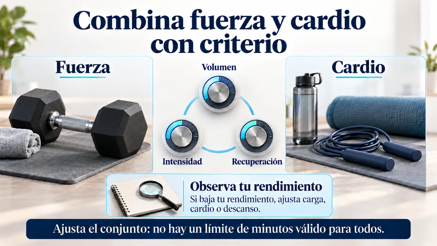 Planificación conjunta de fuerza y cardio según el volumen, la intensidad, la recuperación y el rendimiento.