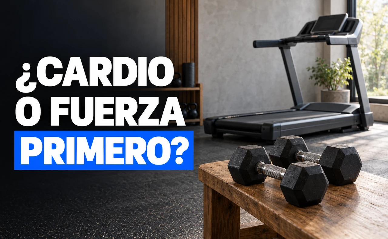 Dos mancuernas sobre un banco de madera y una cinta de correr al fondo, junto al titular «¿Cardio o fuerza primero?».