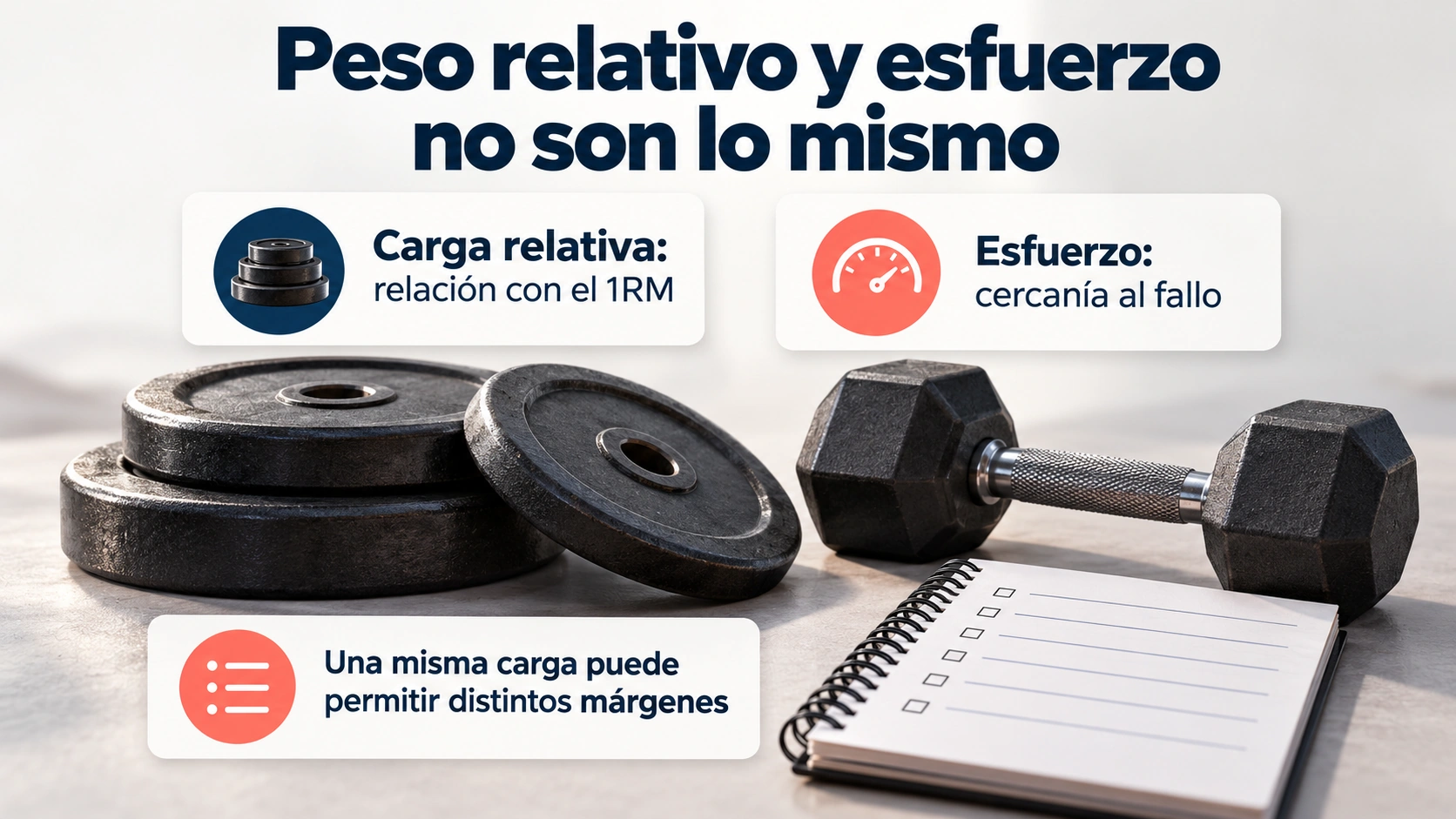 El peso relativo a una repetición máxima y las repeticiones en reserva describen aspectos distintos del entrenamiento.