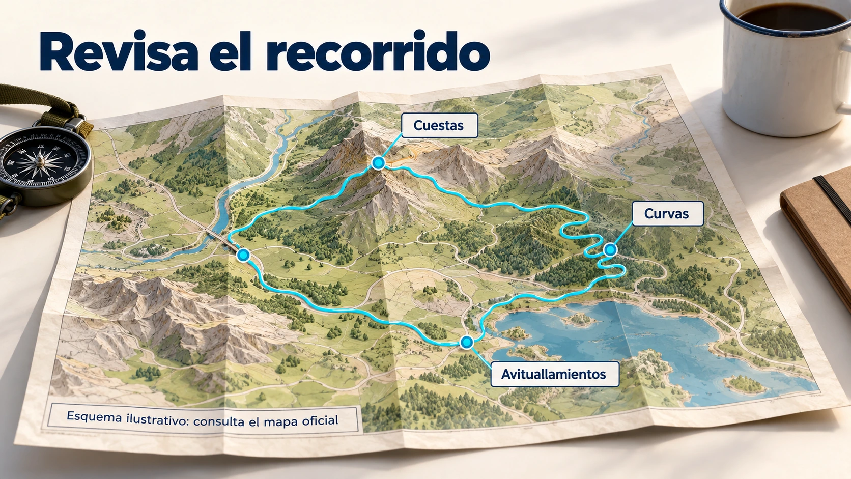 Mapa esquemático con cuestas, curvas y avituallamientos que conviene revisar antes de una carrera.
