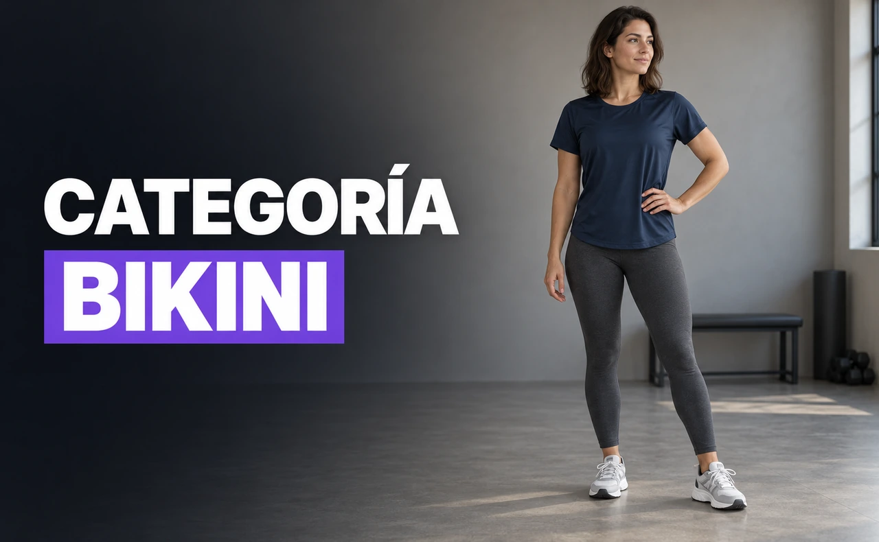 Deportista joven con camiseta y leggings practicando una postura de presentación en una sala, junto al titular «Categoría Bikini».