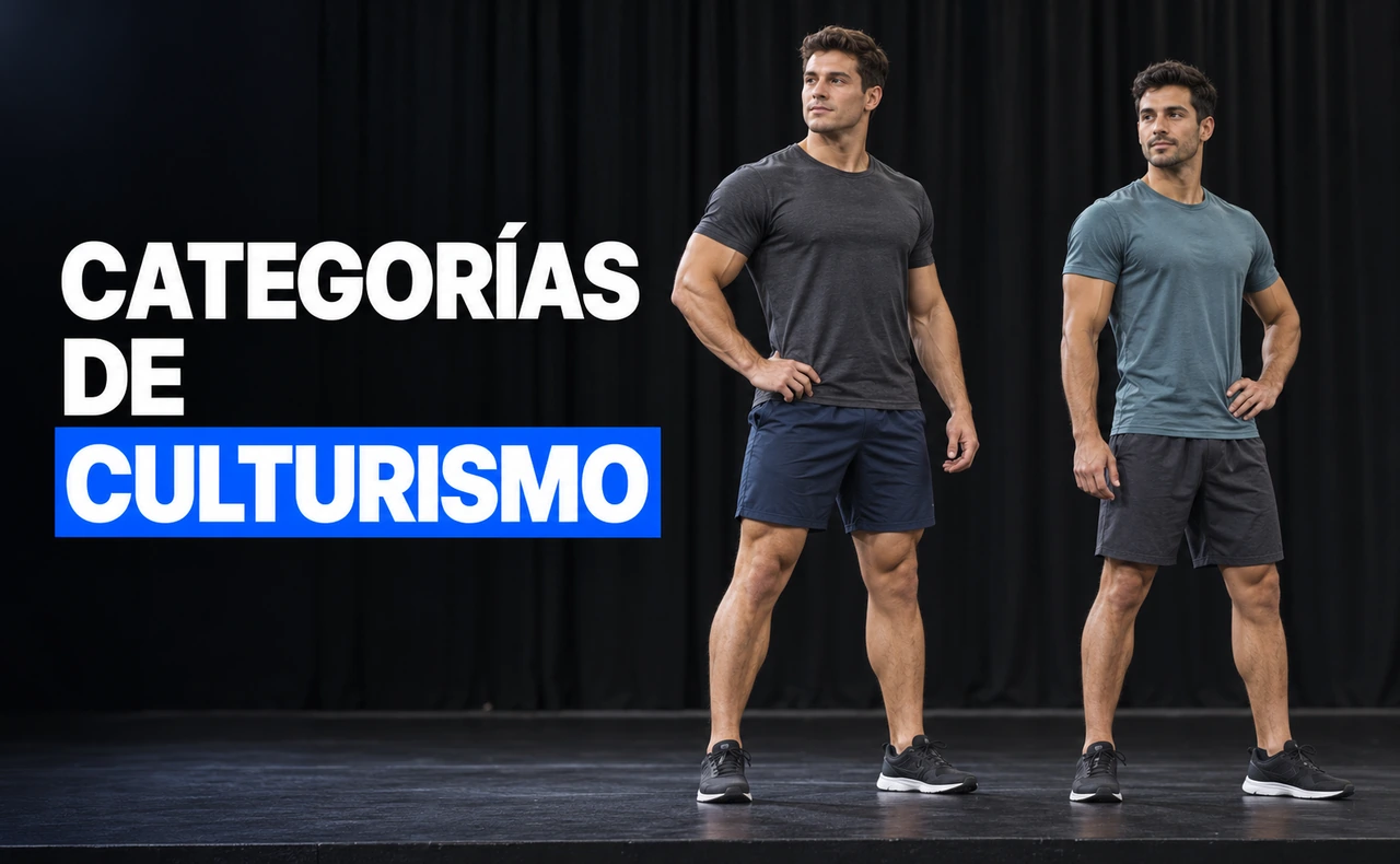 Dos jóvenes atléticos con camisetas y pantalones cortos de diferente longitud practican su presentación de pie en una tarima. Titular: «Categorías de culturismo».