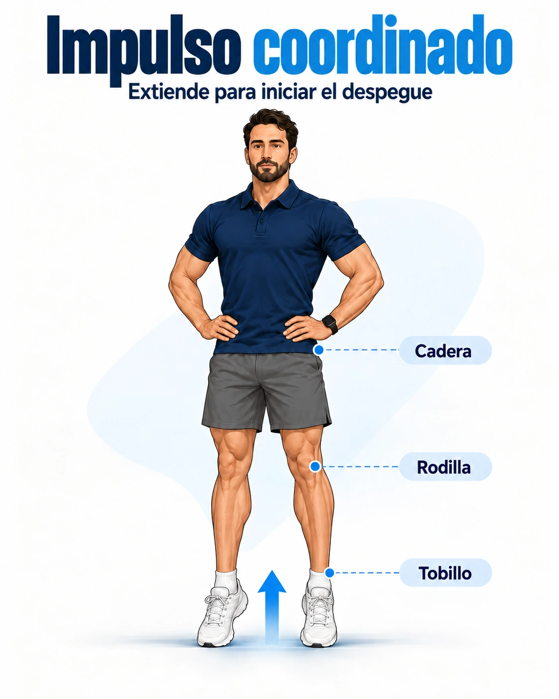 El impulso del salto coordina la extensión de caderas, rodillas y tobillos para iniciar el despegue.