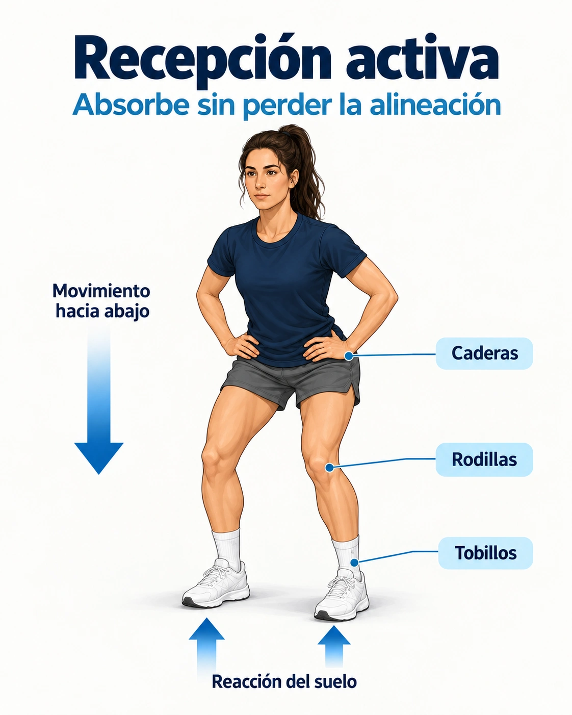 La recepción del salto requiere una flexión controlada de tobillos, rodillas y caderas para absorber la carga.
