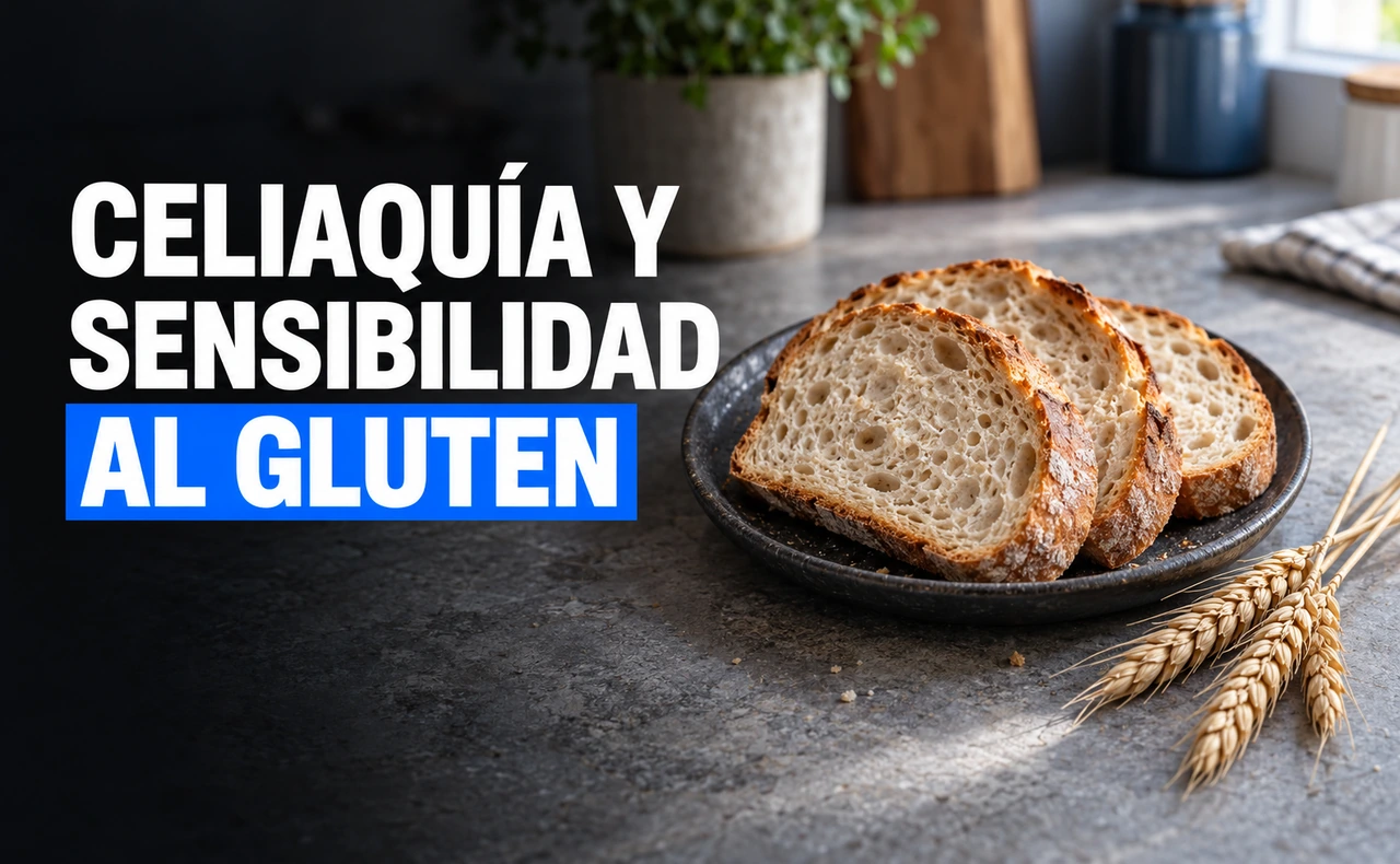 Rebanadas de pan de trigo en un plato oscuro y espigas sobre una encimera, junto al titular «Celiaquía y sensibilidad al gluten».