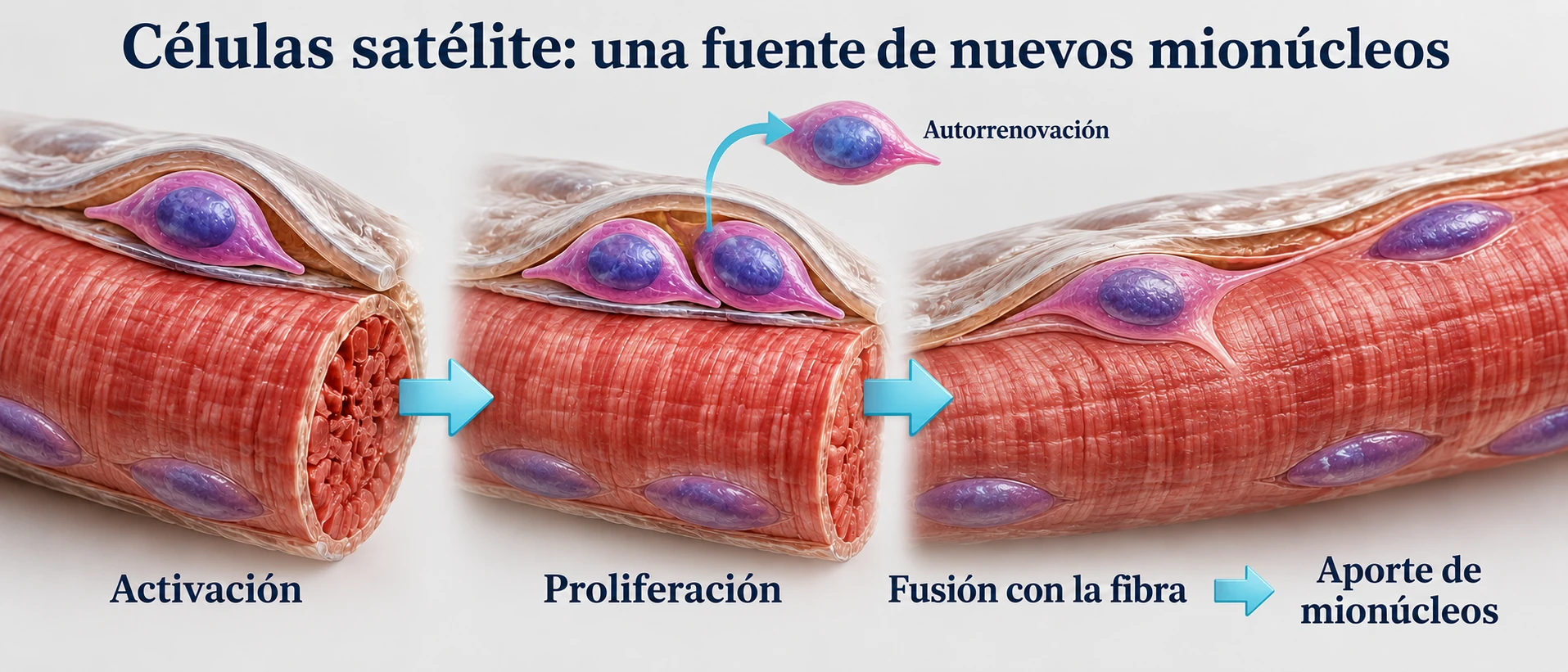 Activación, proliferación y fusión de células satélite con una fibra muscular para aportar mionúcleos.