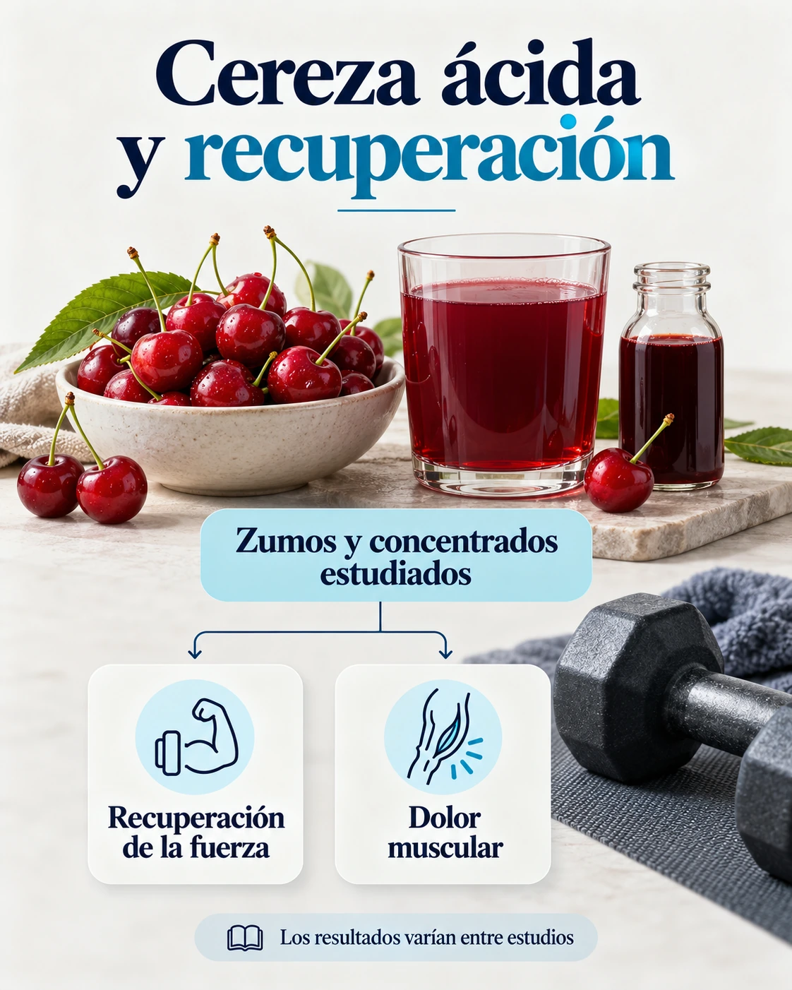 Cerezas ácidas, zumo y concentrado junto a los resultados estudiados de recuperación de la fuerza y dolor muscular.