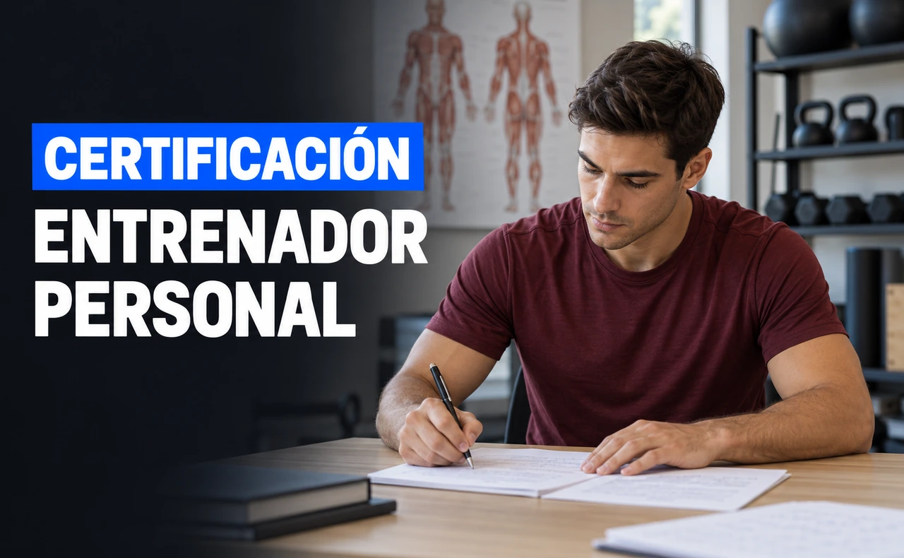 Joven con camiseta deportiva burdeos escribiendo en un cuaderno en un aula con material de entrenamiento al fondo. Titular: «Certificación entrenador personal».
