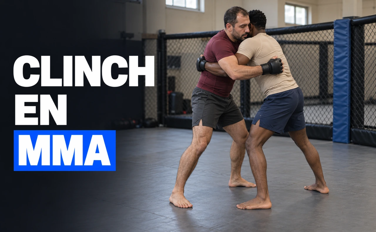 Dos hombres practicando un clinch de pie con agarres de brazos junto a una jaula de entrenamiento, con el titular «Clinch en MMA».